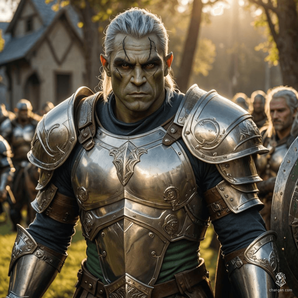 A formidable, dignified 18-year-old male half-orc Paladin, merging human traits with orcish heritage, featuring blue eyes, dark green skin, and grey hair. At 200cm and 110kg, his moderate build is encased in full silver armor, wielding a large shield and warhammer, exuding a protective aura.