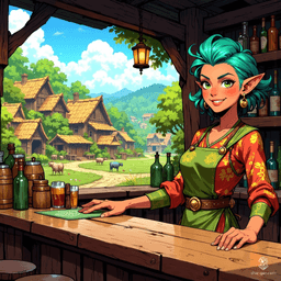 Amidst barrels and bottles, a stout, jovial bartender with a braided beard and twinkling eyes wipes down the polished counter. Clad in a colorful apron, he serves frothy tankards and spiced concoctions, his laughter blending with the lively chatter of patrons in a bustling tavern.