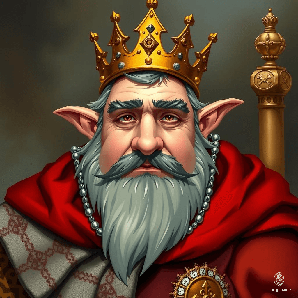 King Thalion is a slightly rotund half-elf ruler, sporting a trimmed grey beard. He dons opulent red robes and a majestic golden crown. His stoic face exudes wisdom and authority, embodying both elven grace and human resilience.