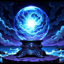 The Heart of the Tempest is a legendary crystal orb, pulsating with the essence of an ancient storm. Encased in dark blue crystal, swirling clouds and crackling lightning dance within, surrounded by silver runes humming with power. Channeling ferocious winds and electric fury, it holds the untamed spirit of nature’s wrath.