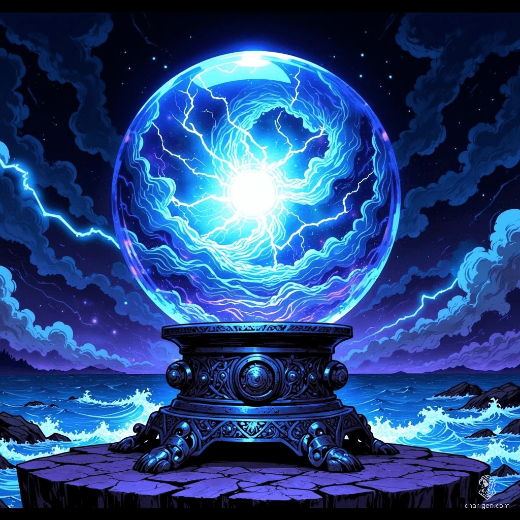 The Heart of the Tempest is a legendary crystal orb, pulsating with the essence of an ancient storm. Encased in dark blue crystal, swirling clouds and crackling lightning dance within, surrounded by silver runes humming with power. Channeling ferocious winds and electric fury, it holds the untamed spirit of nature’s wrath.