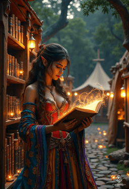 A half-elf sorceress with olive skin and striking dark eyes, she embodies both grace and power. Dressed in chic, richly patterned garments, her aura sparks with magic as she meticulously catalogues ancient texts in the library's enchanting depths, preserving the wisdom of ages.