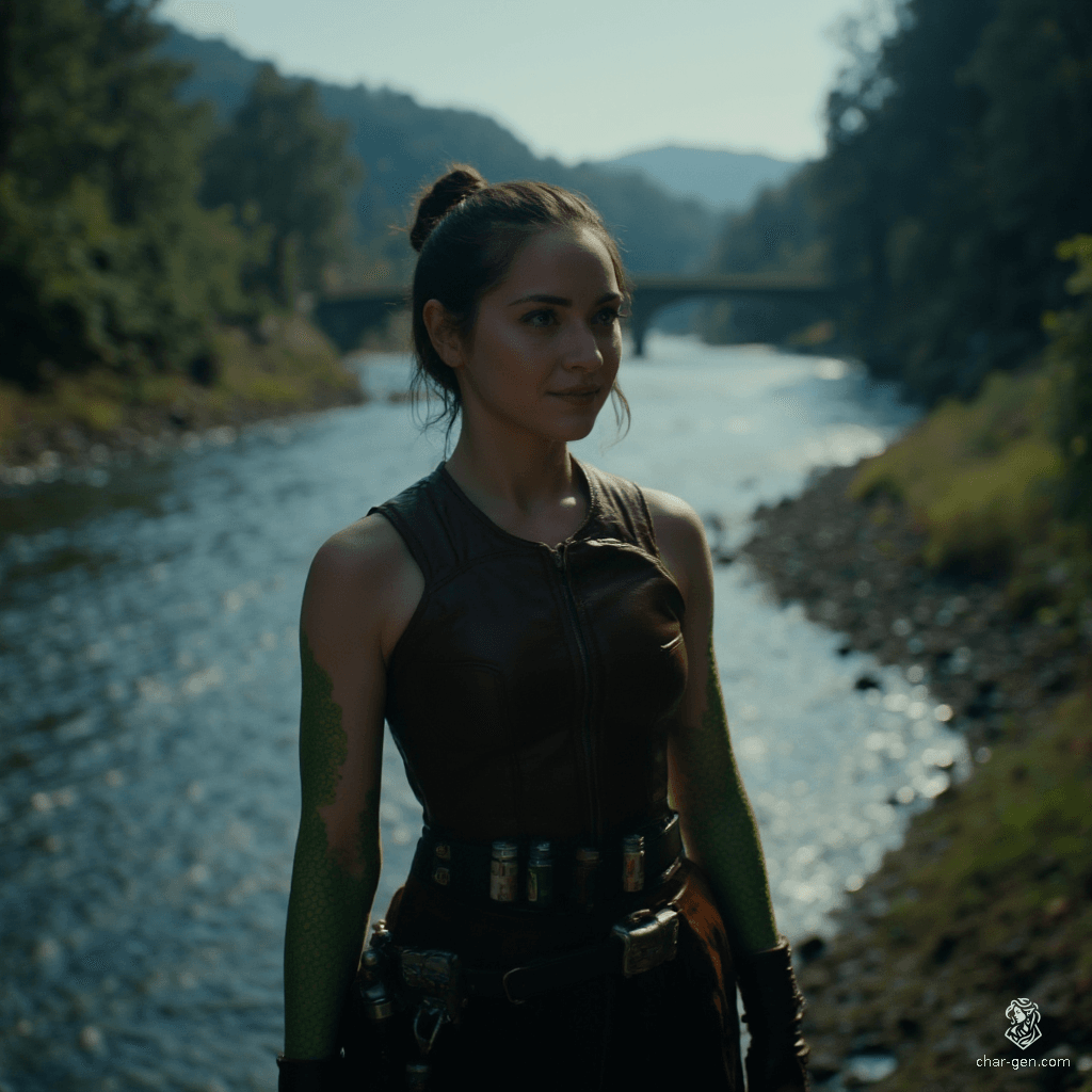 Izzy, a newly emancipated halfling assassin, blends youthful beauty with lethal precision. Standing at 1.5 meters, her yellow-green, serpent-like eyes scan her surroundings, while her tight brown leather armor showcases her striking figure. With shimmering green scale patches and an array of poisons at her belt, Izzy thrives in the thrill of the hunt, exuding malice and competence from the shadows.