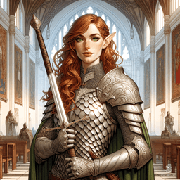 Kira Smith, a 180-year-old High Elf Cleric, radiates serenity. With a strong, nimble build, she wields a longsword confidently. Cloaked in intricate scale mail, Kira's pale, freckled skin and striking green eyes highlight her enchanting charm. A wise and iconic healer, her holy symbol is ever-present.