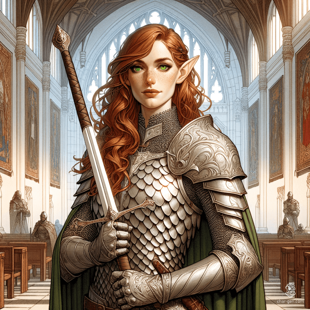 Kira Smith, a 180-year-old High Elf Cleric, radiates serenity. With a strong, nimble build, she wields a longsword confidently. Cloaked in intricate scale mail, Kira's pale, freckled skin and striking green eyes highlight her enchanting charm. A wise and iconic healer, her holy symbol is ever-present.