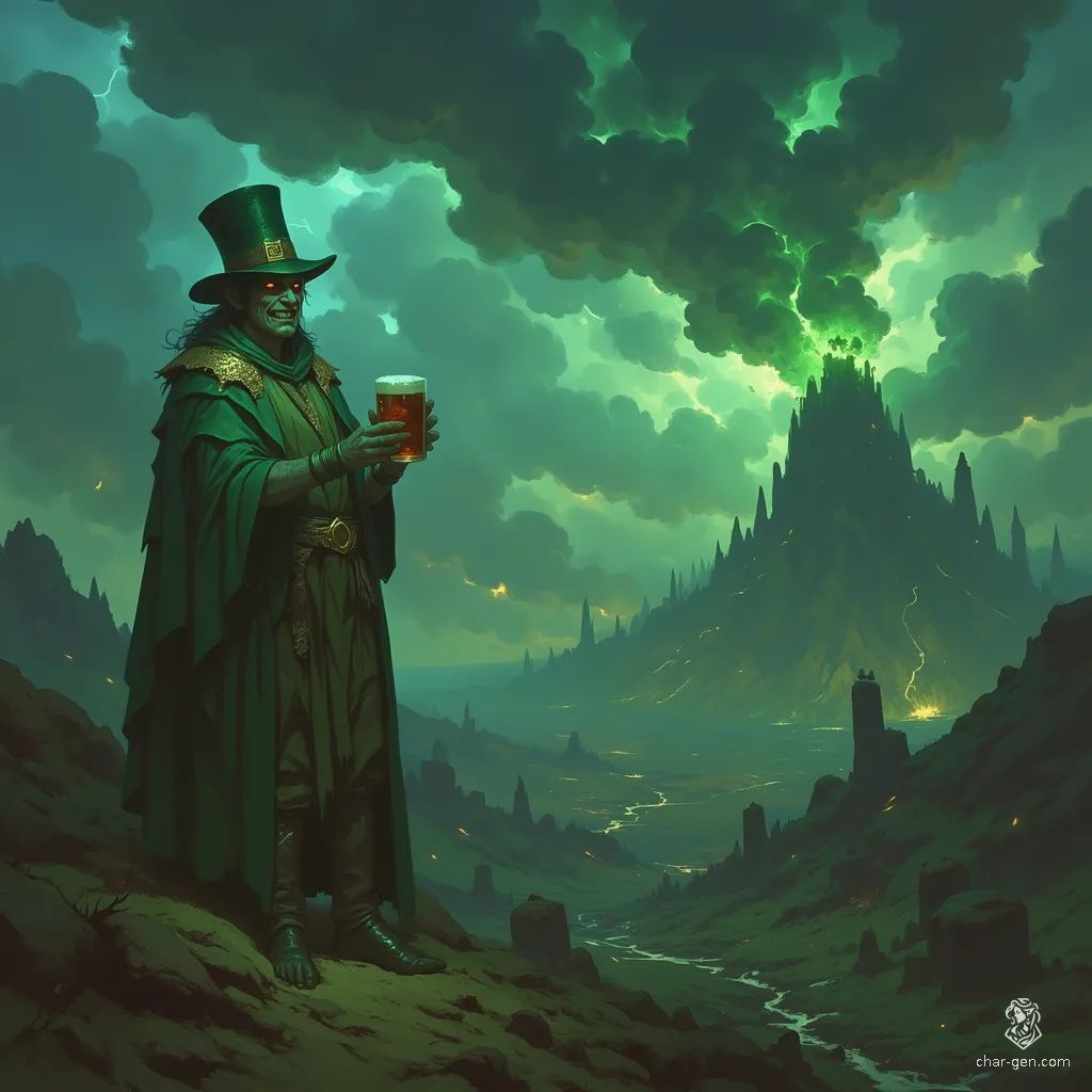 Meet Finnigan, a sinister leprechaun cloaked in vibrant green, his terrifying grin revealing razor-sharp teeth. Clad in a jaunty top hat adorned with a four-leaf clover, he revels in sipping pints of blood, blending folklore with malevolence in a chilling twist on luck.