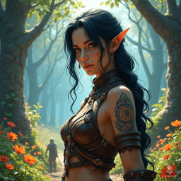 A fierce and rugged female barbarian, she possesses striking fair skin that contrasts sharply with her jet-black hair. Her wild appearance reflects a life spent in untamed wilderness, embodying strength and resilience as she navigates the challenges of her harsh world.