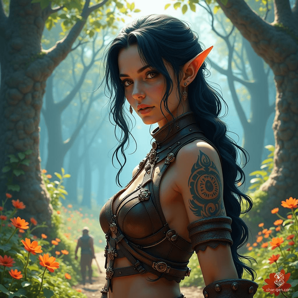 A fierce and rugged female barbarian, she possesses striking fair skin that contrasts sharply with her jet-black hair. Her wild appearance reflects a life spent in untamed wilderness, embodying strength and resilience as she navigates the challenges of her harsh world.