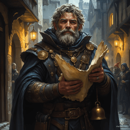 In a fog-laden town square, an old town crier stands resolute, his grizzled beard framing a stern expression. Clutching a parchment and ringing a brass bell, he shouts the day’s news, illuminated by faint lantern glow amidst shadowy figures. A vibrant, painterly portrait capturing his weathered wisdom.