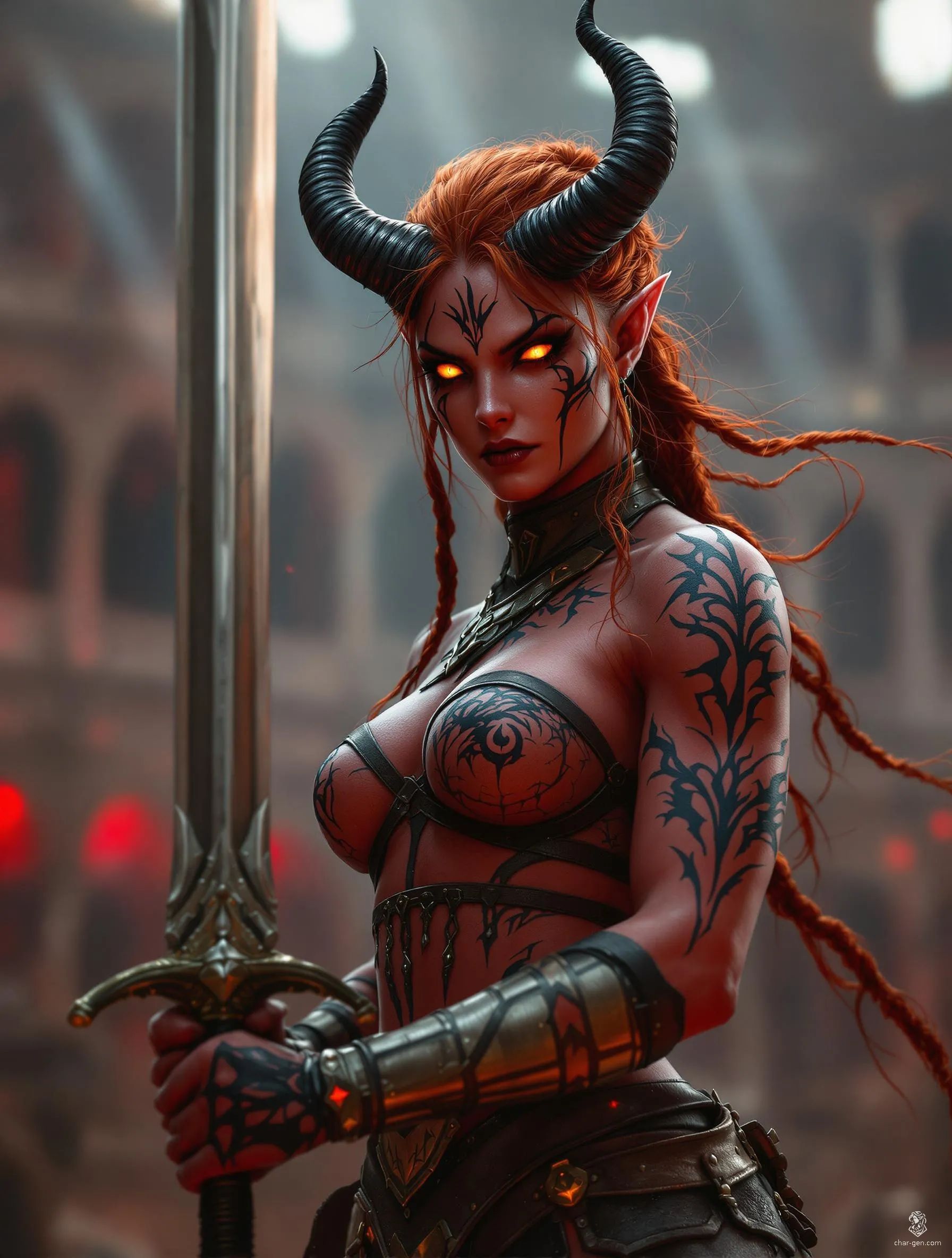 Vexaria, a fierce barbarian Tiefling, embodies raw power and wild allure. With dusky red skin and glowing infernal sigils, she wields a greatsword with lethal grace. Her thick black horns and braided auburn hair frame eerie green eyes, hinting at her tumultuous past as a gladiator. Scars tell stories of her fierce freedom.