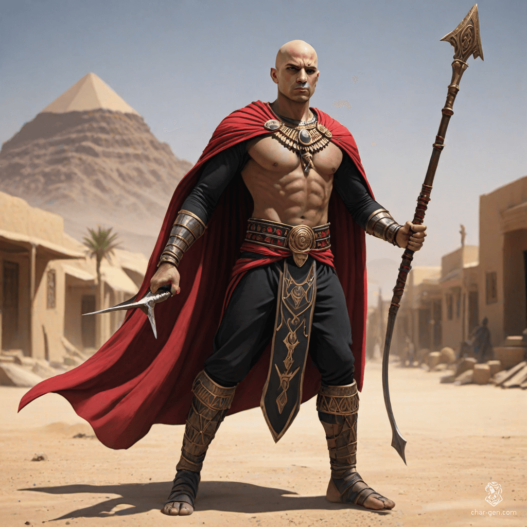 A bald Egyptian warrior clad in a shimmering mithril chain shirt and a striking black-and-red cape, he strides through a sun-baked desert town. Armed with a formidable spear, his formidable presence evokes the gritty charm of '70s dark animation, hinting at tales of ancient power and untold mysteries.