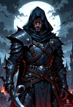In the shadows of a desolate battlefield, a sinister dark warrior emerges, cloaked in tattered layers that conceal his identity. Radiating menace, his piercing eyes glimmer with an eerie light, while battle-worn, rune-etched armor hints at speed and deadly precision. Gripping a wickedly curved blade, he embodies the darkness lurking in the ruins of forgotten conflicts.