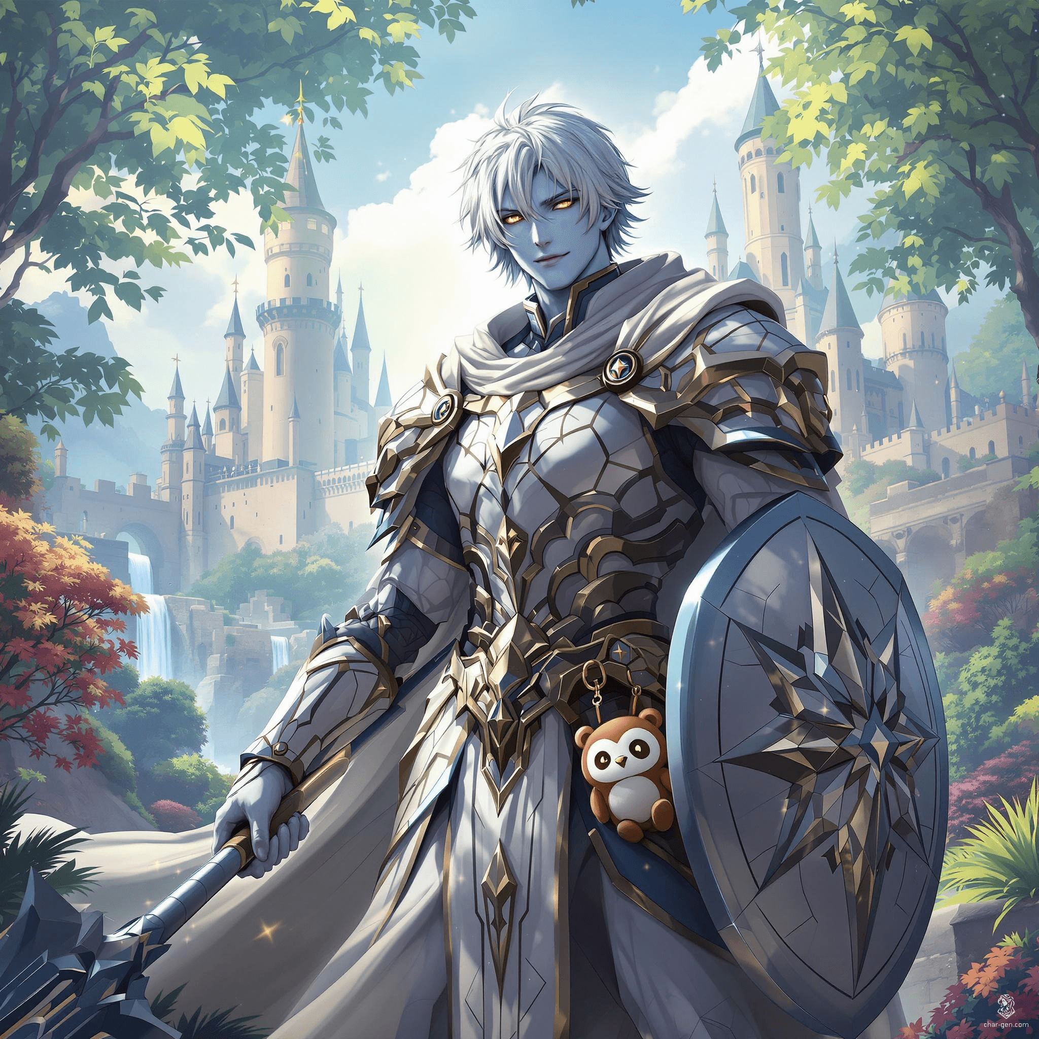 Vorem, a 20-year-old aasimar cleric, radiates serenity with his glowing light blue skin and angelic features. At 6 feet tall, he dons intricately detailed adamantine armor, wielding a mace and shield, while a stuffed owlbear hangs from his belt. His luminous hazel eyes reflect wisdom beyond his years.