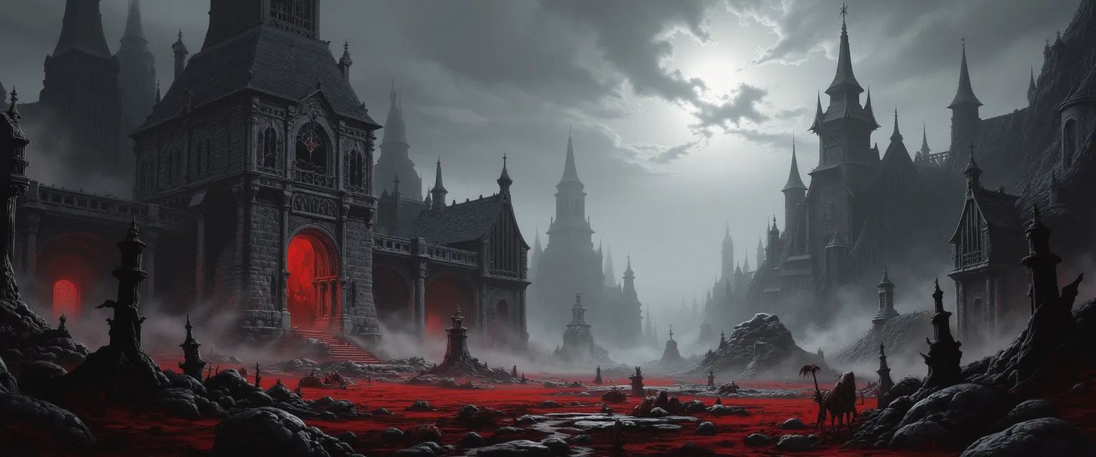 In a sinister realm cloaked in perpetual twilight, gnarled trees twist against a charcoal sky, their branches clawing like skeletal fingers. Ominous castles loom atop craggy hills, shrouded in swirling mist, while graveyards echo with the whispers of the restless dead. An oppressive atmosphere lingers, thick with dread and decay.