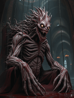 In a shadowy throne room, a grotesque creature looms—an amalgamation of writhing flesh resembling a twisted marionette. With elongated limbs and jagged claws, its face grotesquely mimics the king's, adorned with soulless eyes and a chilling grin. It moves jerkily, exuding a malevolent intelligence.