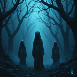 In a shadowy forest, tiny faceless beings emerge, flickering between darkness and light. With ethereal, humanoid shapes, they reflect the memories of the departed, their haunting presence gazing into your eyes, invoking both wonder and unease in the depths of the night.