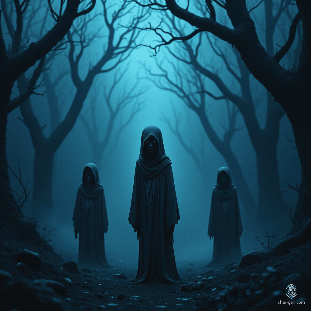 In a shadowy forest, tiny faceless beings emerge, flickering between darkness and light. With ethereal, humanoid shapes, they reflect the memories of the departed, their haunting presence gazing into your eyes, invoking both wonder and unease in the depths of the night.