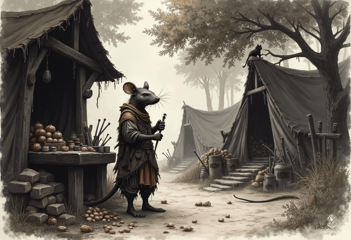 Ratscar, the cunning ratfolk shopkeeper, runs a bustling stall at the bandit camp. With a shrewd gleam in his rat-like eyes and twitching whiskers, he expertly barters various rare goods, providing both value and mischief to his unscrupulous clientele.