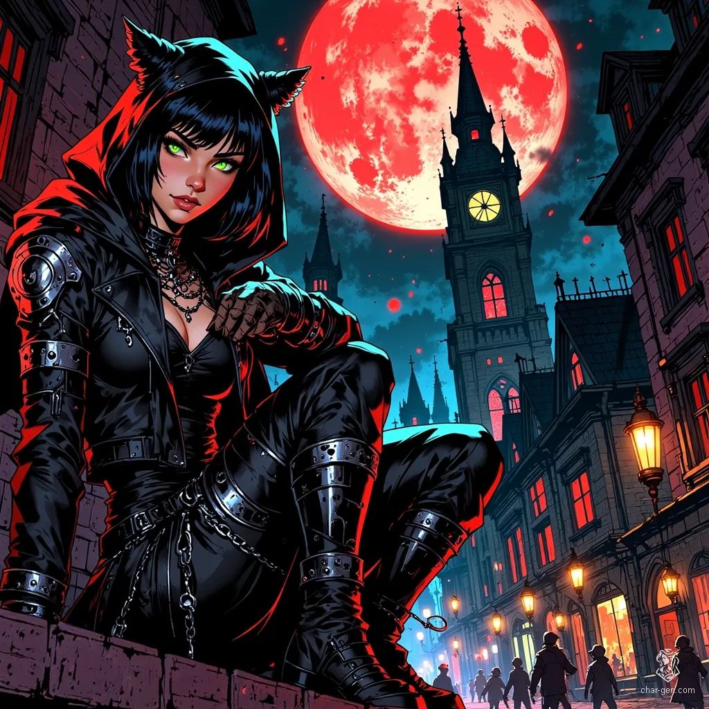 A sleek and agile thief, she perches on a gothic skyscraper ledge, cloaked in a black leather catsuit adorned with silver zippers. Short black hair tucks beneath her cat-eared helmet, while her sharp green eyes scan the rain-soaked city, coiled whip in hand, exuding stealth and elegance under the moonlit sky.