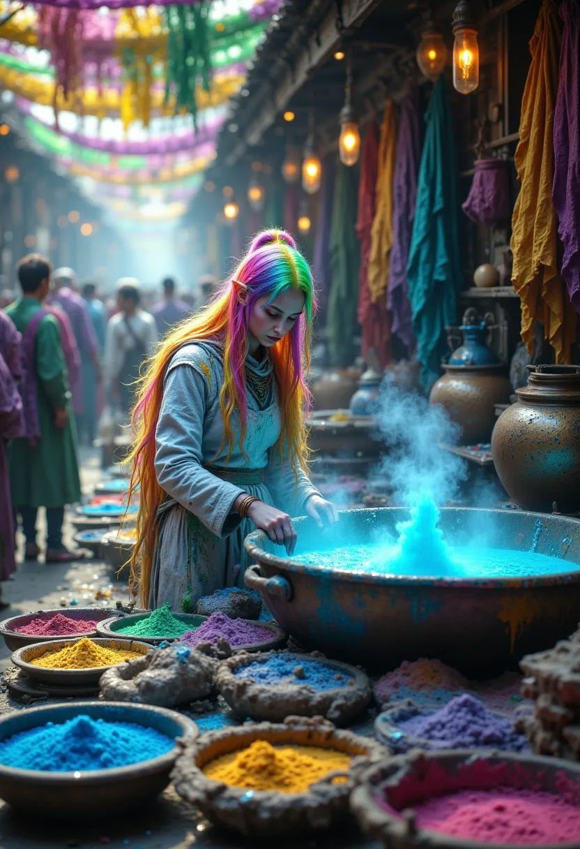 A serene young female elf monk with fair, radiant skin and long flowing rainbow hair stained by vibrant dyes. She skillfully stirs silks in a copper cauldron at her Mardi Gras fabric dying stall, surrounded by vivid fabrics and colorful powders, embodying calm artistry and fluid grace.
