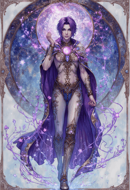 In a stunning art nouveau panorama, a slender male figure stands in an icy field, draped in an elaborate dark blue robe. His glowing violet eyes and dark purple hair dance in the wind, as he conjures magic from his hands, embodying the harmony of nature and mystique.
