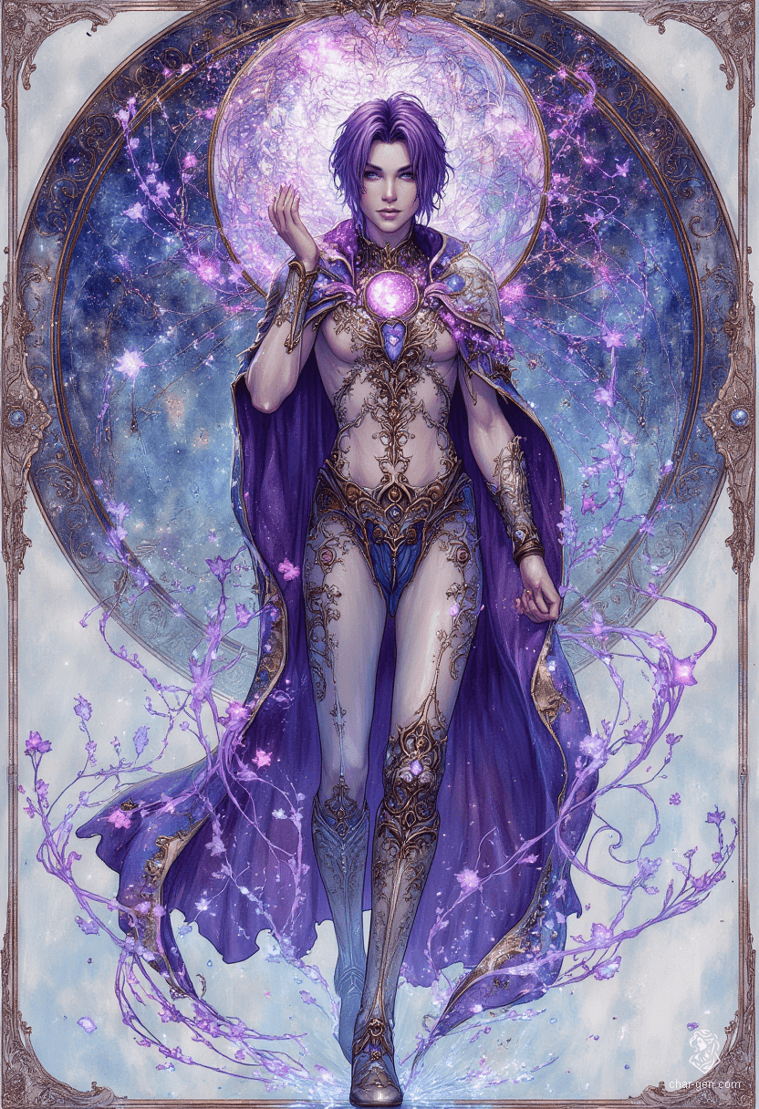 In a stunning art nouveau panorama, a slender male figure stands in an icy field, draped in an elaborate dark blue robe. His glowing violet eyes and dark purple hair dance in the wind, as he conjures magic from his hands, embodying the harmony of nature and mystique.