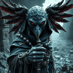 Krackle Brightbeak is a 20-year-old male, blue-skinned, raven-like humanoid sorcerer standing 3'9". With an aura of unpredictable magic, he wields a quarterstaff and wears an illusion-shifting cloak. Highly intelligent and extremely charming, Krackle is a skilled criminal/spy, marked by his enchanted, sigil-adorned garments.
