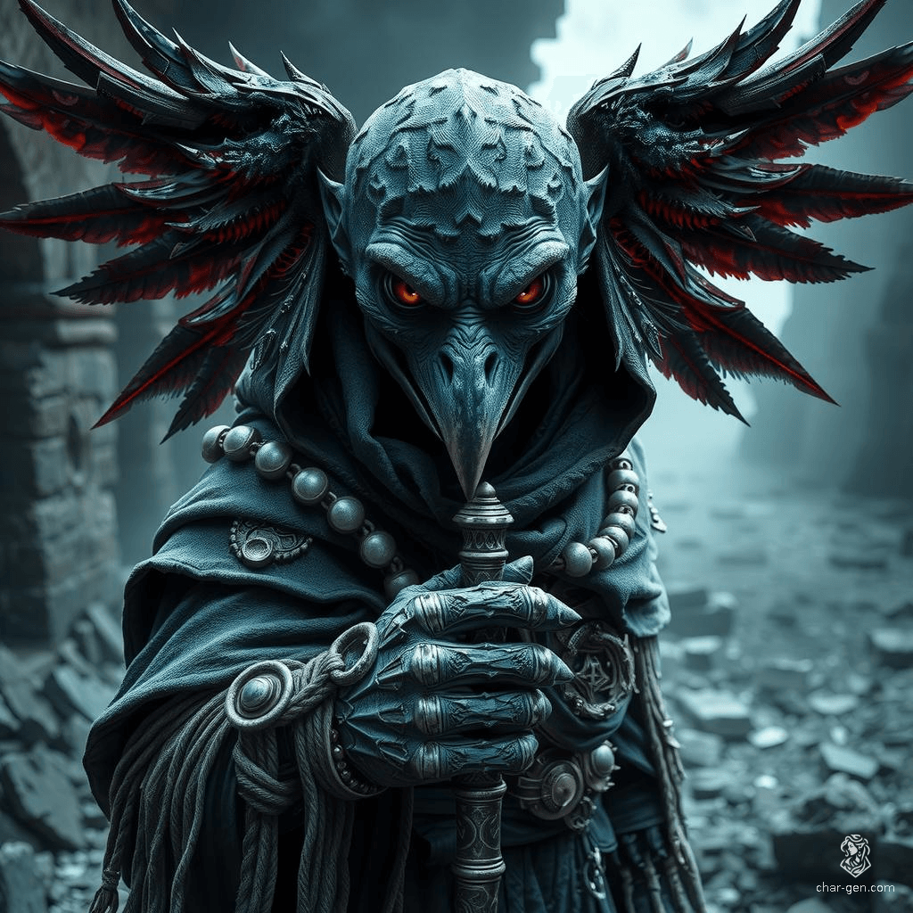 Krackle Brightbeak is a 20-year-old male, blue-skinned, raven-like humanoid sorcerer standing 3'9". With an aura of unpredictable magic, he wields a quarterstaff and wears an illusion-shifting cloak. Highly intelligent and extremely charming, Krackle is a skilled criminal/spy, marked by his enchanted, sigil-adorned garments.