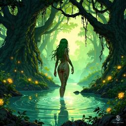 Elysia, the ethereal dryad, embodies the sacred essence of the forest. With flowing green hair and bark-like skin adorned with vine patterns, she dances gracefully by a tranquil spring, bathed in golden-hour light. Surrounded by ancient trees and glowing bioluminescent flowers, she exudes a serene, mystical grace.