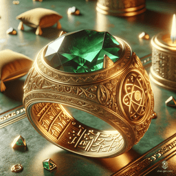The Dao Genie's Ring is a mesmerizing gold band adorned with intricate runes and a stunning emerald. Gazing deeply into the gem reveals a miniature Arabian room, complete with scatter cushions and low tables, suggesting enchanting secrets and ancient power.