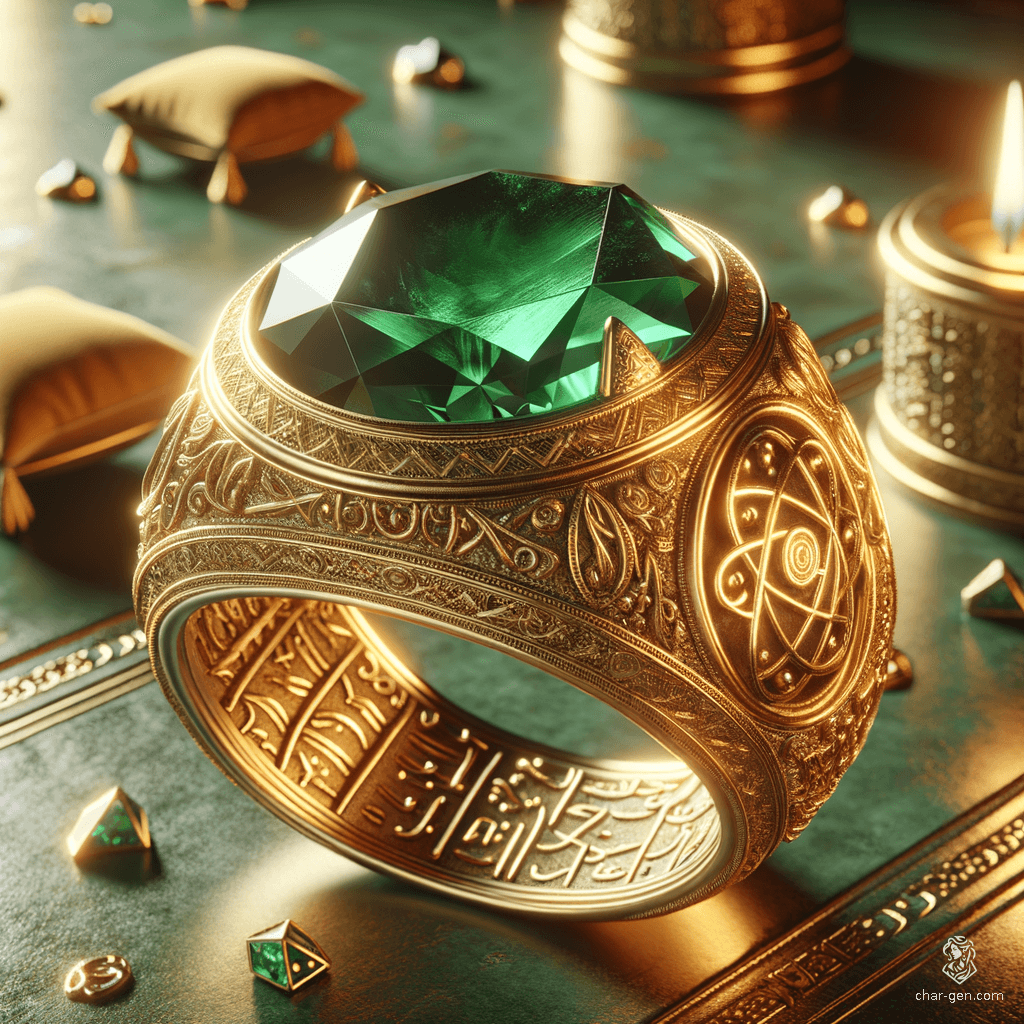 The Dao Genie's Ring is a mesmerizing gold band adorned with intricate runes and a stunning emerald. Gazing deeply into the gem reveals a miniature Arabian room, complete with scatter cushions and low tables, suggesting enchanting secrets and ancient power.