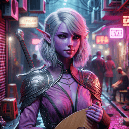 Rouge-Rose is a nimble, charming 350-year-old Astral Elf bard. She stands at 5'5" with a medium build, weighing 135 lbs. Her pink skin and black eyes with white specks contrast sharply against her gleaming metallic silver-gray hair. She wields a rapier and magical instruments, wearing intricately detailed leather armor over a plain purple high-collared shirt.