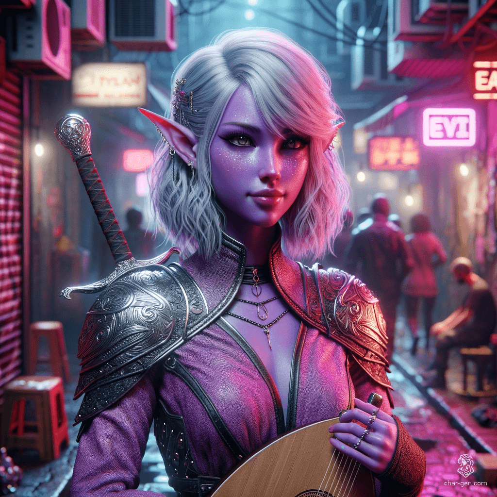 Rouge-Rose is a nimble, charming 350-year-old Astral Elf bard. She stands at 5'5" with a medium build, weighing 135 lbs. Her pink skin and black eyes with white specks contrast sharply against her gleaming metallic silver-gray hair. She wields a rapier and magical instruments, wearing intricately detailed leather armor over a plain purple high-collared shirt.