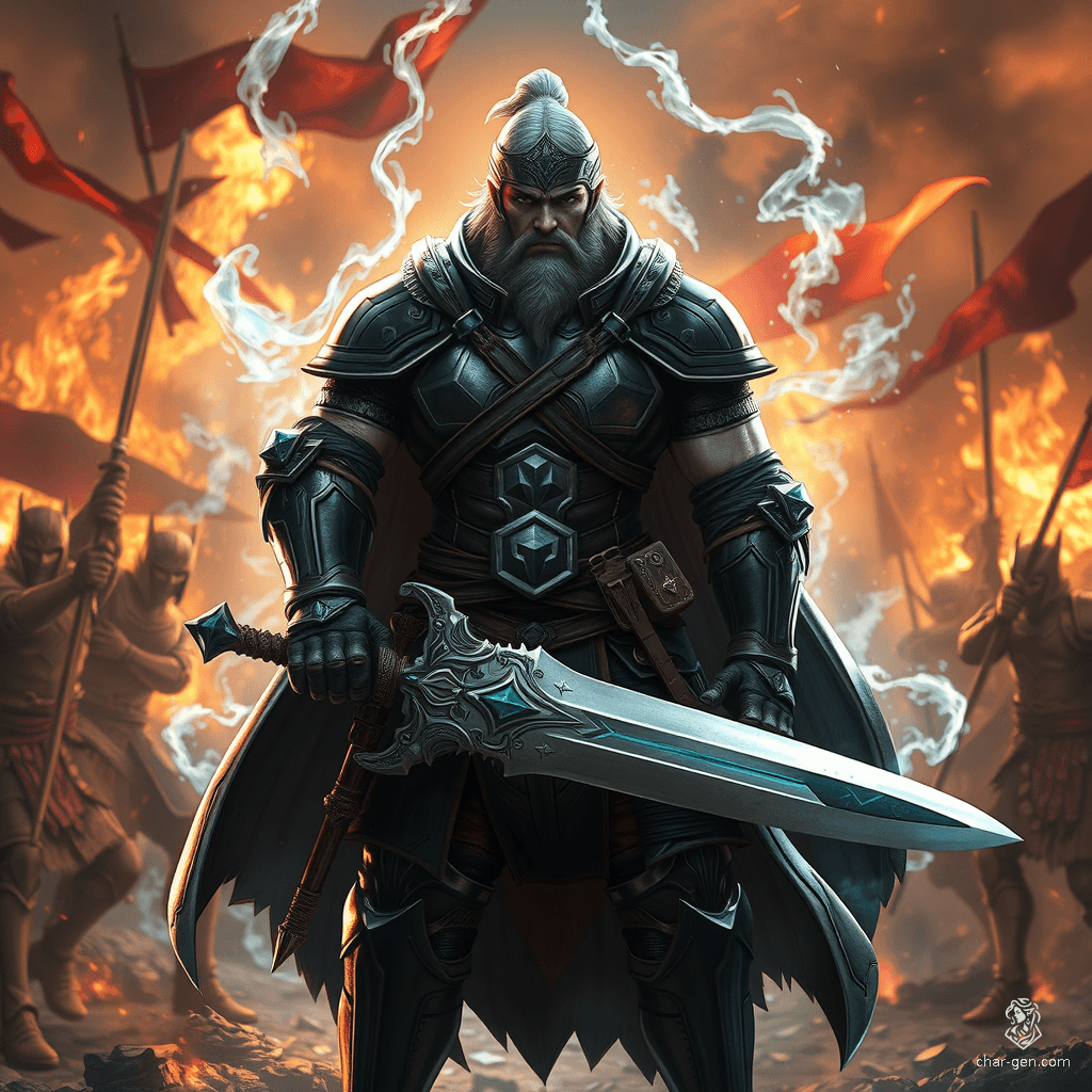 Sig Curtis stands at two meters tall, robust and battle-worn, exuding strength. Clad in half armor, his gloomy yet determined expression hints at past struggles. Wielding a beautifully inlaid great sword, he is shrouded in shadow, ready to face any challenge amid a fierce battle backdrop.