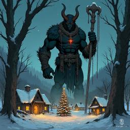 In a tranquil, snow-covered village, the ominous Krampus looms—a towering, horned beast with glowing red eyes. Draped in frost-covered fur, he wields a rune-inscribed staff and a sack of writhing shadows, his chilling presence contrasting against the warm lights of Christmas cheer.