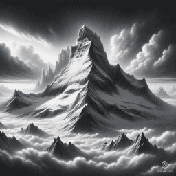 Amidst a monochromatic expanse, a lone snowy mountain rises majestically above the clouds. Rich textures and deep contrasts define its contours, while dynamic shading and detailed line work capture its rugged majesty. Dramatically lit, the scene evokes an ethereal, timeless beauty.