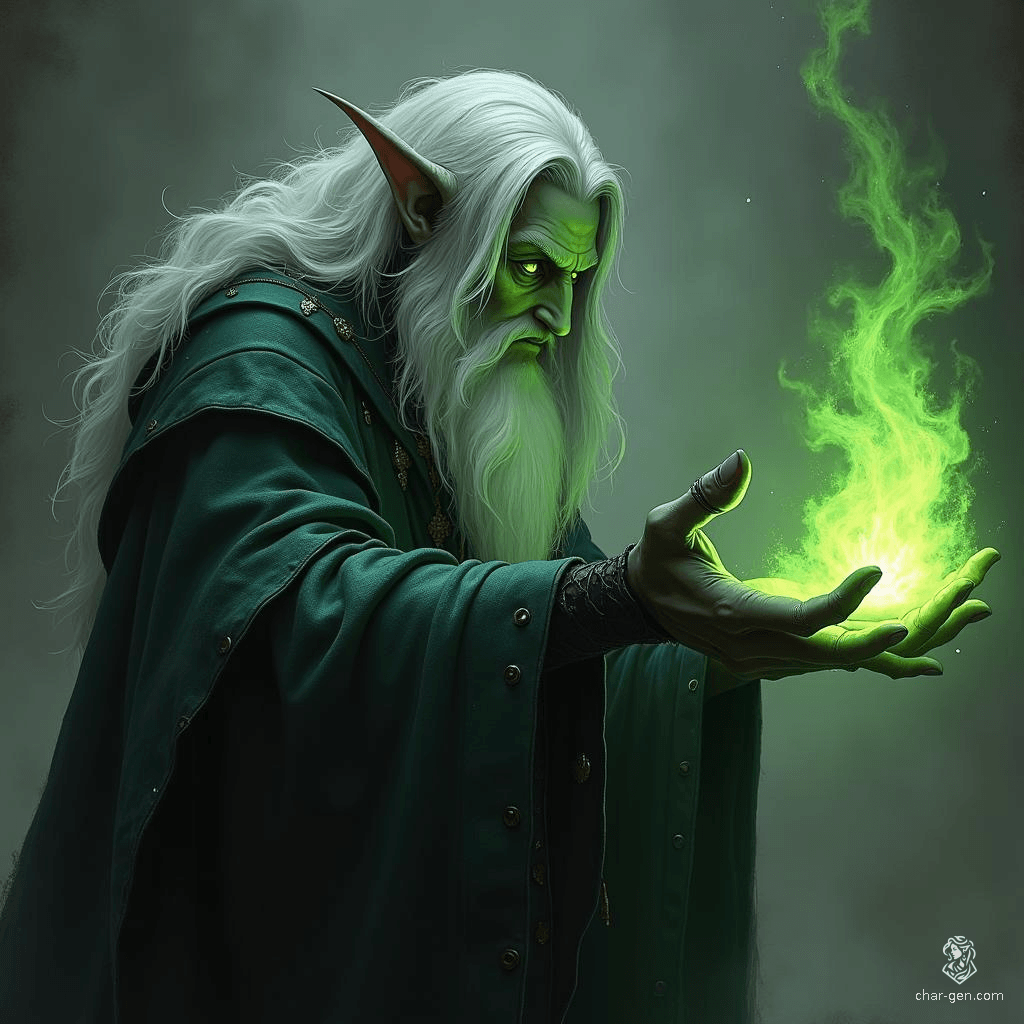 A male Drow Sorcerer, marked by striking yellow eyes that gleam with arcane power, commands the forces of acid. Cloaked in shadows, he wields his dark magic with precision, blending cunning intellect and innate talent to become a formidable force in the realm of sorcery.