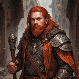 A rugged male dwarf hunter, he boasts a mane of medium red hair and a matching beard. Clad in chainmail armor beneath a weathered brown cloak and hood, he moves stealthily through the wilds, armed with a trusty musket, ready for any quarry that crosses his path.