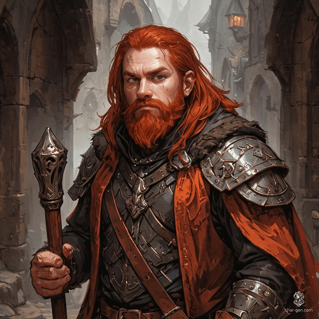 A rugged male dwarf hunter, he boasts a mane of medium red hair and a matching beard. Clad in chainmail armor beneath a weathered brown cloak and hood, he moves stealthily through the wilds, armed with a trusty musket, ready for any quarry that crosses his path.