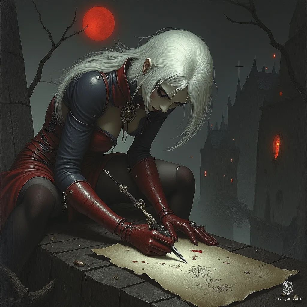 Amidst a haunting night, a petite bard assassin balances on a rooftop, her alabaster skin glowing under the eerie red moon. Clad in tight red and black leather, she pens dark poems in blood, wielding a saber and shadowy magic, embodying both artistry and danger.