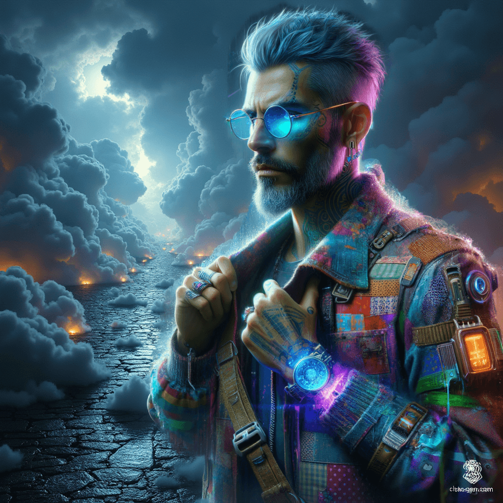 A tan-skinned male artificer, with long greying hair accented by blue strokes, wears a stylish jacket adorned with chaotic floral patches. His intellectual gaze behind light blue oval glasses hints at wisdom. As a magical courier, he weaves through realms with intricate gadgets, a tome, and a satchel of enchanted messages.