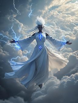 Amidst swirling blue lightning, a young Drow sorceress hovers dramatically in mid-air, arms wide open. Her jet-black skin and striking white mohawk radiate power in elegant, glowing blue sigils across her flowing white robes, embodying the essence of magic in a tempestuous gale.