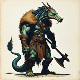 A wild and rugged male dragonborn barbarian with a dragon-like snout, scales, frilled ears, and small horns. He sports a braided beard, blue warrior facepaint, and a braided hairstyle. Clad in a bear pelt, he wields an axe, captured in a dark fantasy, 70s hand-drawn illustration style.