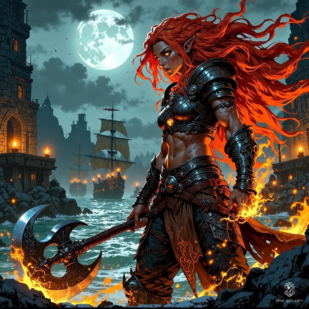 Cloaked in fire and fury, this Fire Genasi barbarian stands tall on a misty pirate cove, her blazing hair and obsidian skin shimmering with volcanic energy. Armed with a scarred greataxe, she embodies raw elemental power and relentless defiance, ready to conquer any who cross her path.