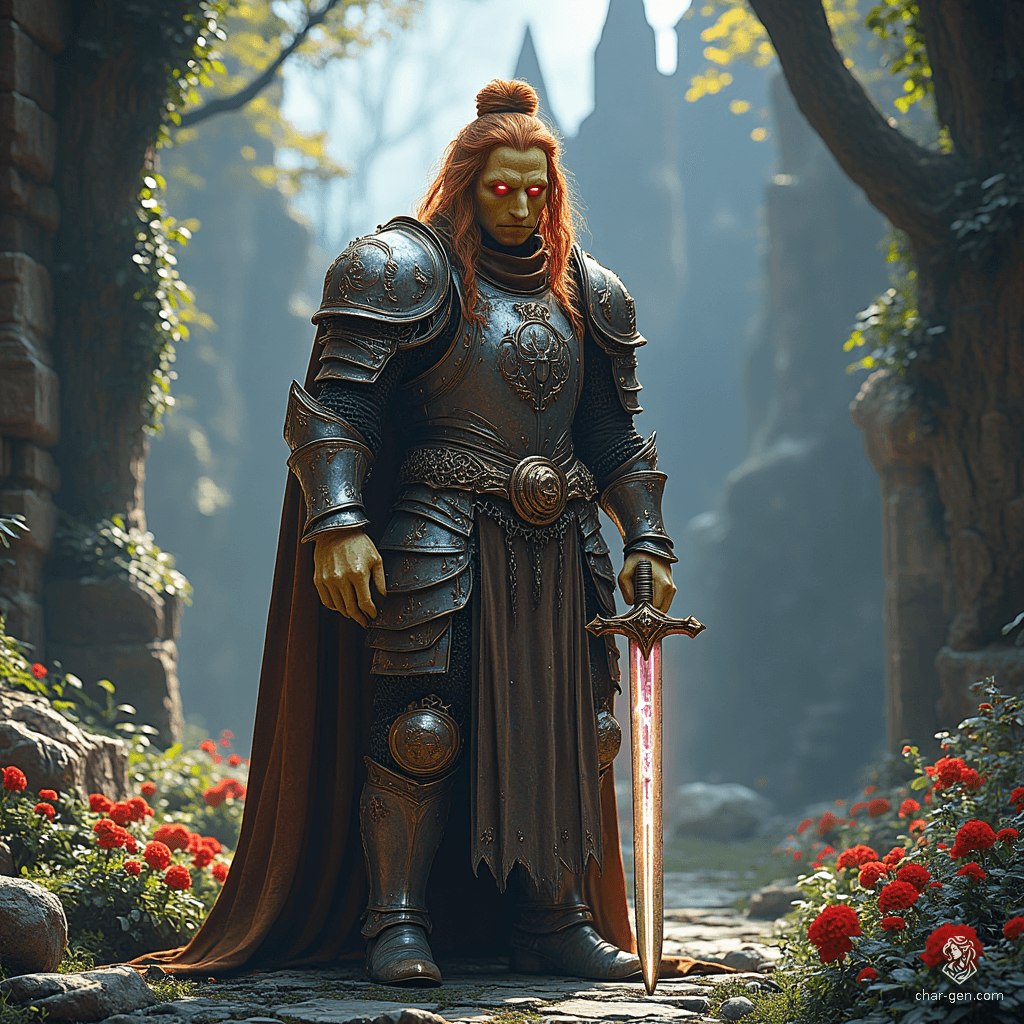 A towering githyanki paladin, imbued with an aura of dignity, stands resolute. His gaunt frame is marked by rough, dirty yellow skin and a Voldemort-like skull nose. Russet hair tied in a topknot frames his fierce expression, embodying a warrior dedicated to protection and justice.