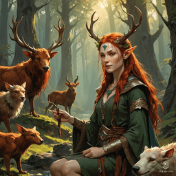 Keyleth, a 17-year-old Half-Elven Druid, is from the Air tribe of the Ashari people. Marked by her cherry-red hair and deep brown eyes, she possesses extreme wisdom despite lacking strength, agility, and charm. Raised to lead, she embarks on the Aramente to prove her connection to nature and elemental magic.