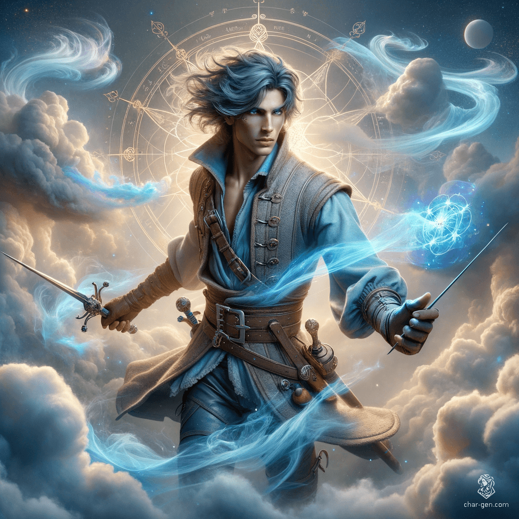 Breezen Aeolus, an 18-year-old air genasi bard, captivates with his bright blue, windswept appearance and stormy grey hair. Armed with a rapier and enchanting instrument, he gracefully weaves magic through expressive gestures, embodying noble elegance and the essence of the skies.