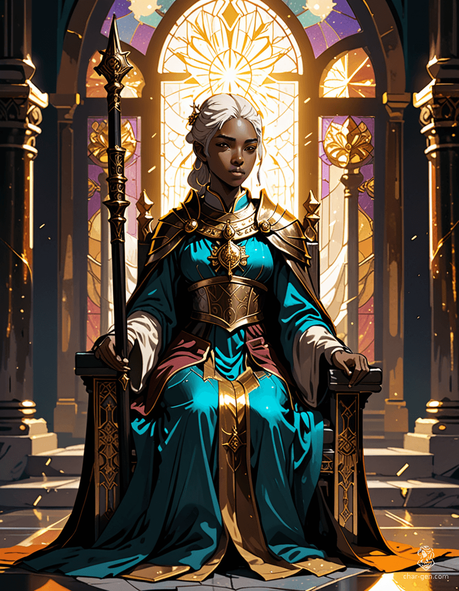 Loralyn, a serene Aasimar monk and baroness, exudes a divine presence in her medieval throne room. With radiant golden eyes and glowing skin, she wields an enchanted quarterstaff, embodying strength and wisdom. Dressed in celestial robes, she stands firm, prepared to confront the evil fey threatening her lands.