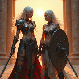 In the heart of an ancient arena, two fierce Drow sisters stand resolute. The tall, agile warrior with flowing white hair wields twin swords, her fierce red eyes ablaze. Beside her, the stockier sister, scarred and steadfast, holds a battered shield, ready for battle. Together, they embody strength and resilience.