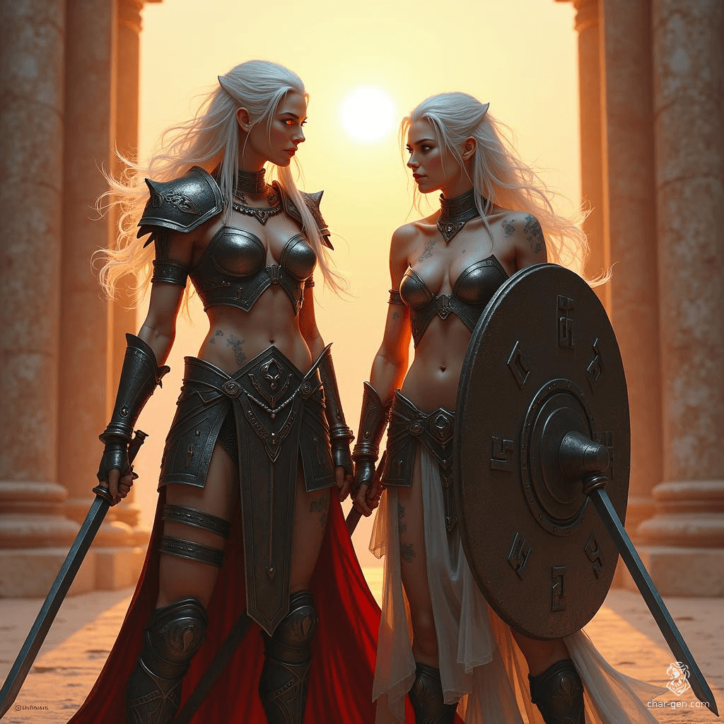 In the heart of an ancient arena, two fierce Drow sisters stand resolute. The tall, agile warrior with flowing white hair wields twin swords, her fierce red eyes ablaze. Beside her, the stockier sister, scarred and steadfast, holds a battered shield, ready for battle. Together, they embody strength and resilience.